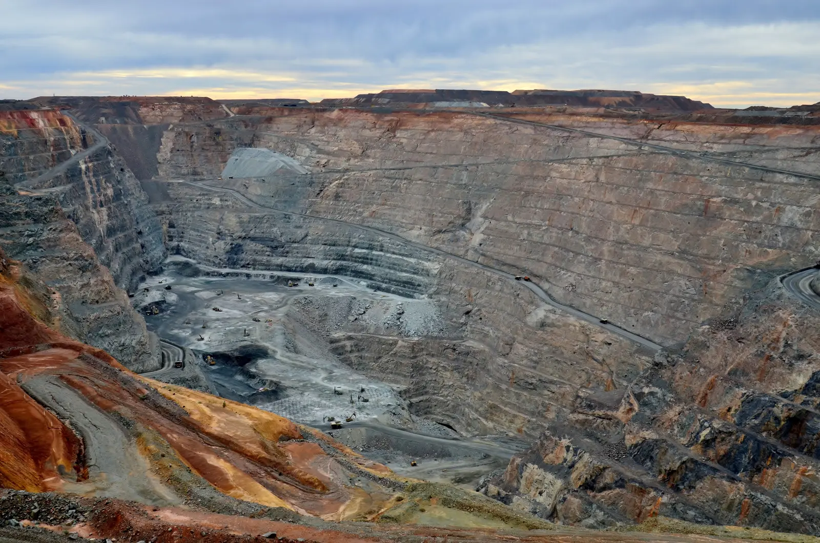 Looking down the terraced walls of the Super Pit at Kalgoorlie-Boulder at dusk